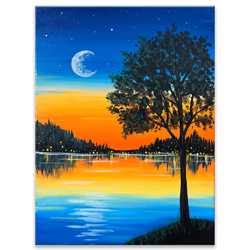 lake view landscape painting at Hidden Chapter Bookstore paint and sip event