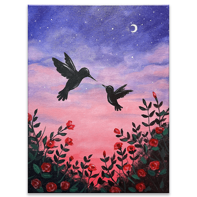 hummingbird painting with flowers and twilight sky at Hidden Chapter Ft. Thomas, NKY paint and sip event.