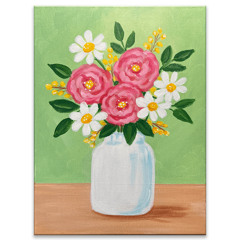 spring floral bouquet painting in a glass vase at Rhinegeist Cincinnati paint and sip event.