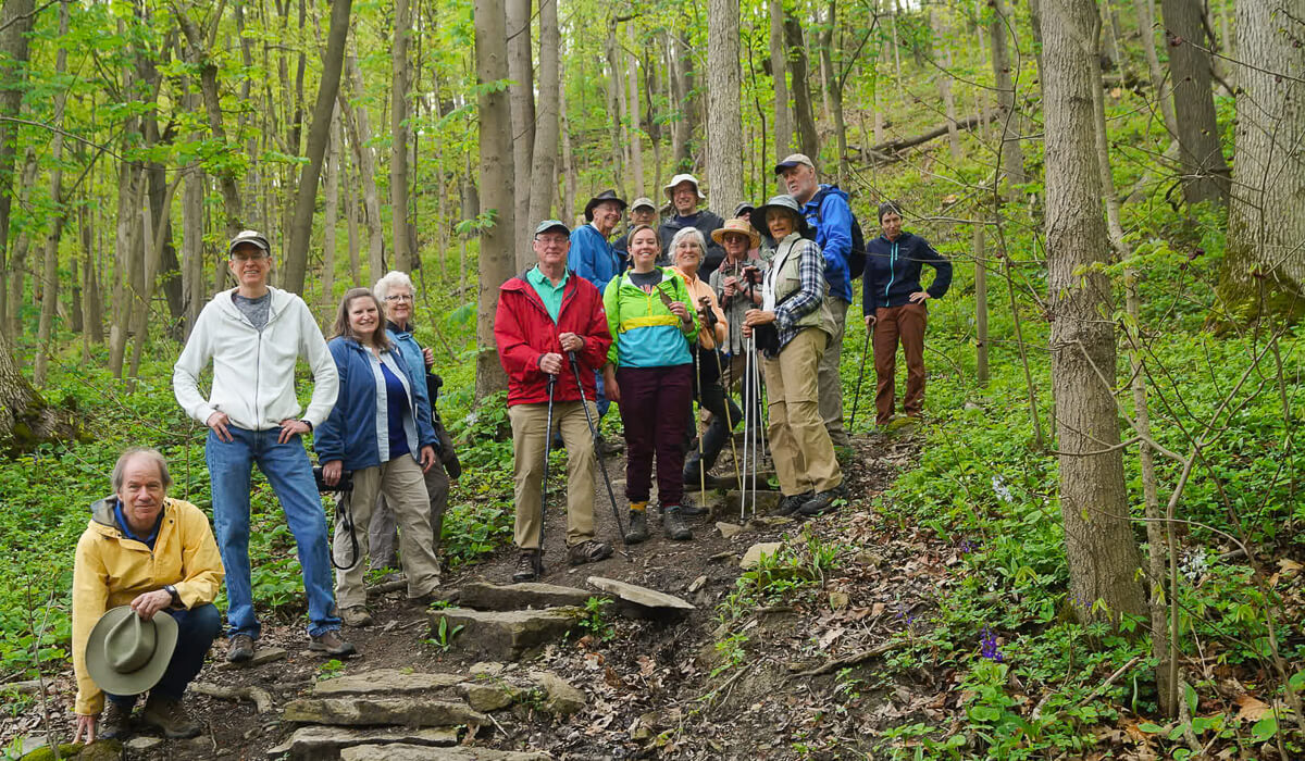 Group hiking at Bender Mountain Nature Preserve in Cincinnati