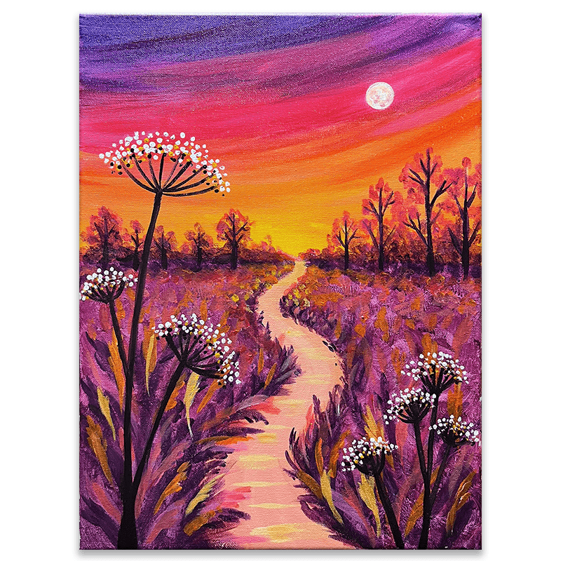 Queen's Meadow painting with Queen Anne's lace, a winding path, colorful autumn grasses, and a glowing sunset sky