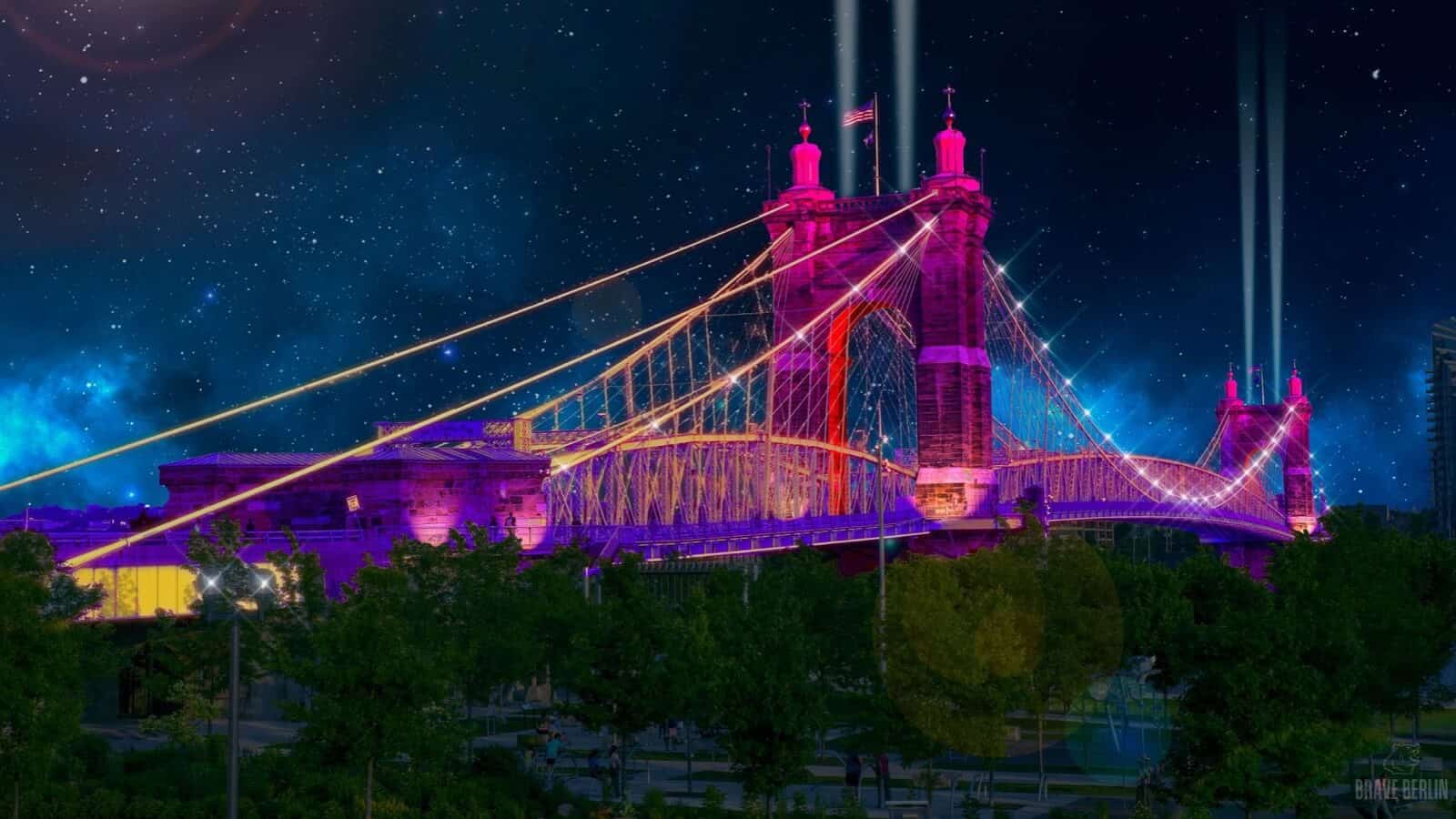 BLINK Cincinnati illuminating the John A. Roebling Suspension Bridge