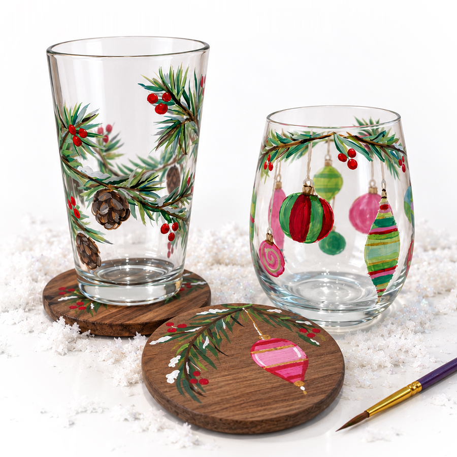 Holiday Glasses Paint & Sip at Urban Artifact in Cincinnati, OH - DIY Your own set of Christmas & Holiday themed glasses.